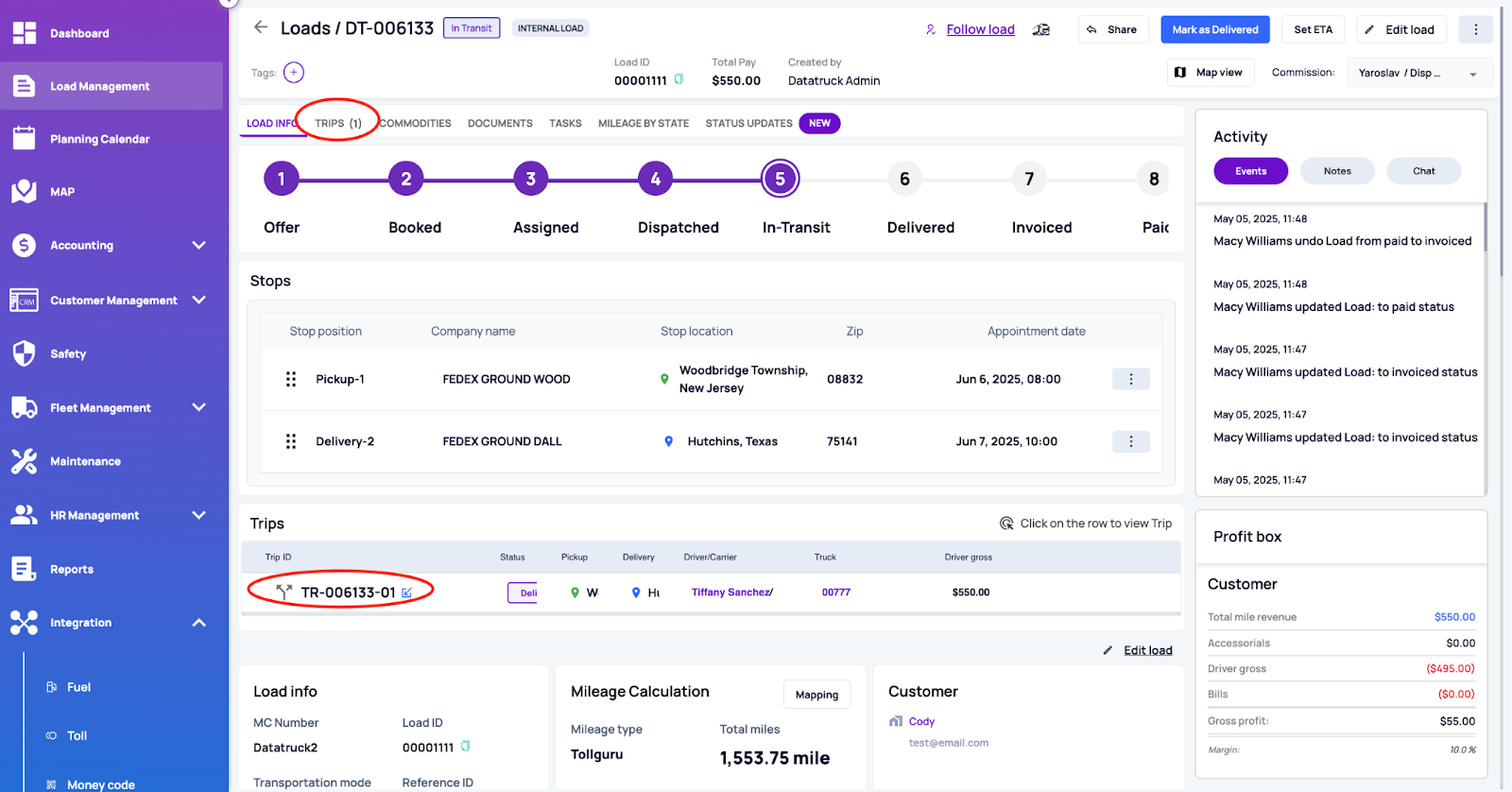 screenshot of load details page from our website