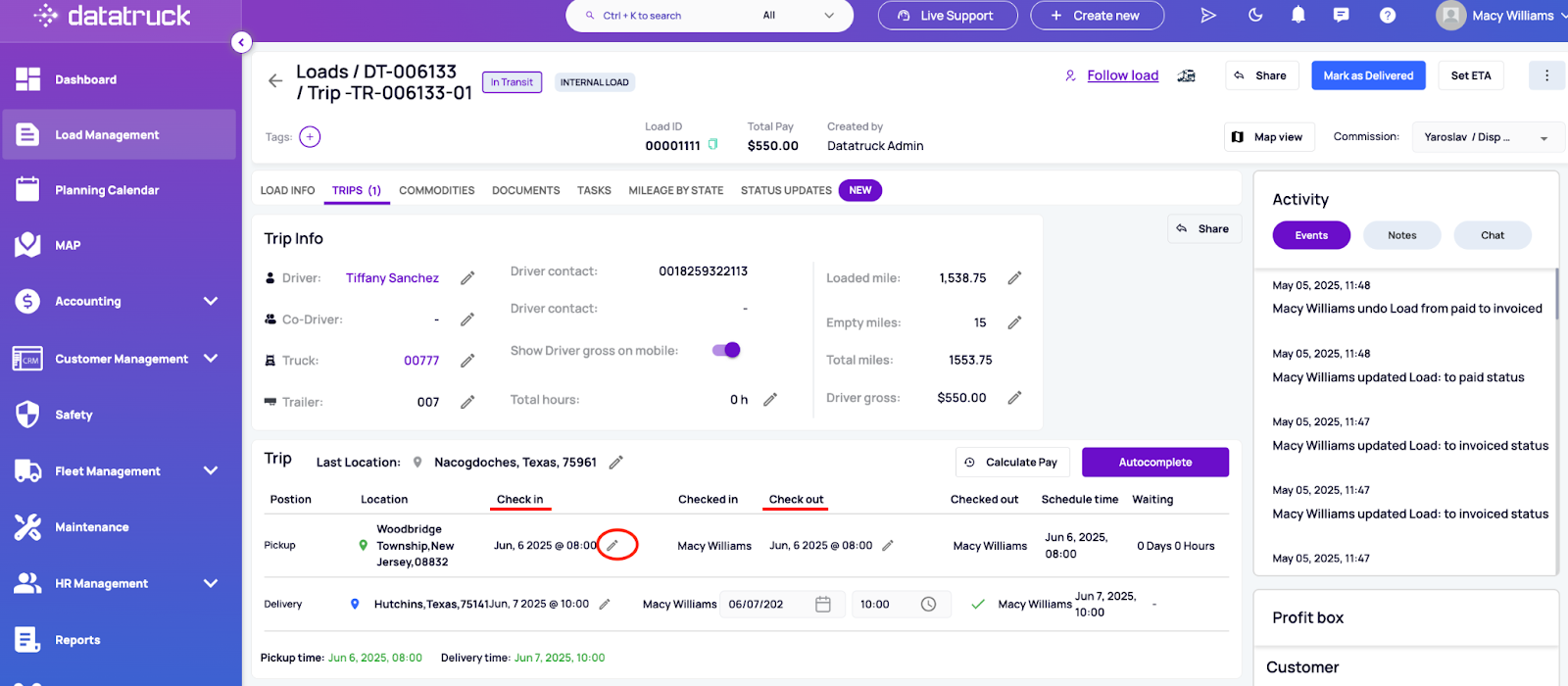screenshot of load details page with highlighted pencil from our website