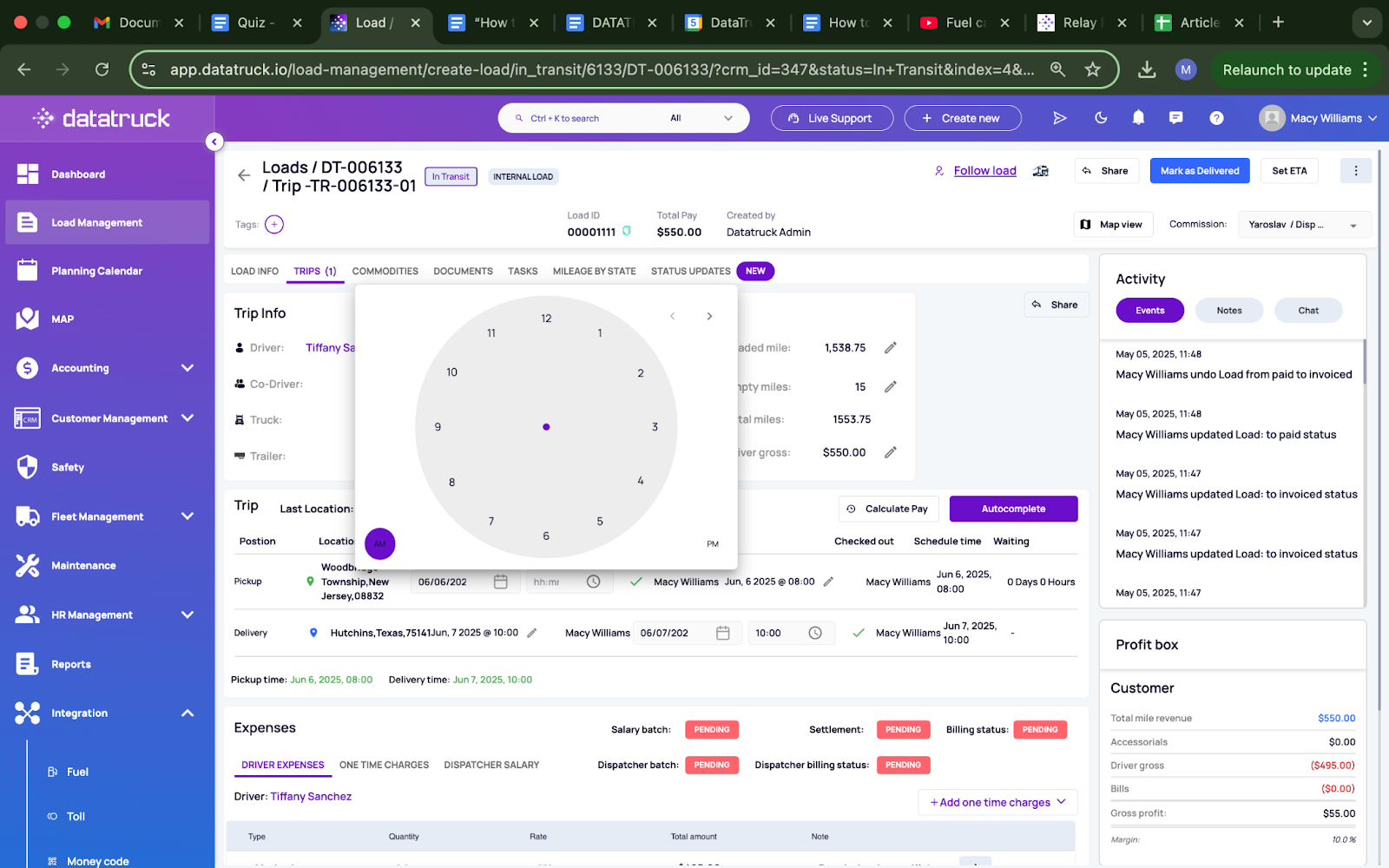 screenshot of load details page with clock from our website