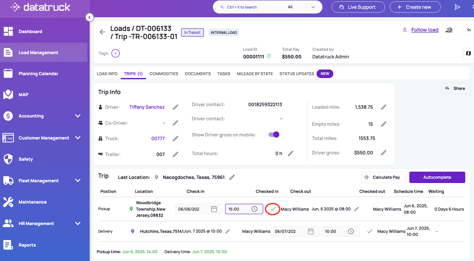 screenshot of second page of load details page from our website